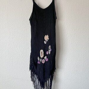Vintage 90’s Kroshetta by Papillon Crochet Tank Top – Fringe & Floral Embroidery